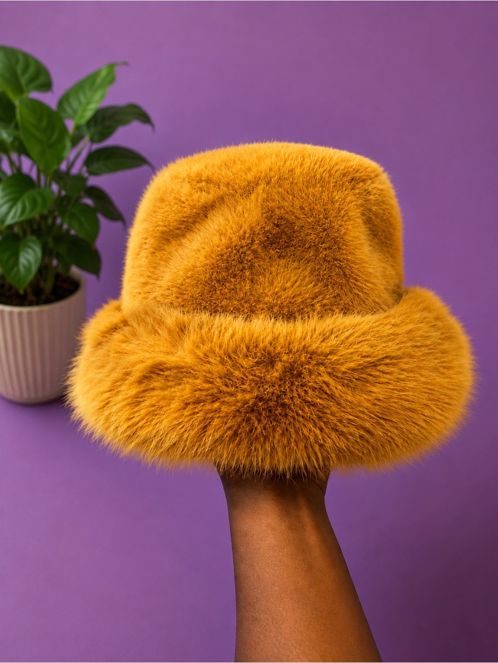 Faux Fur Bucket Hat in Mustard Yellow